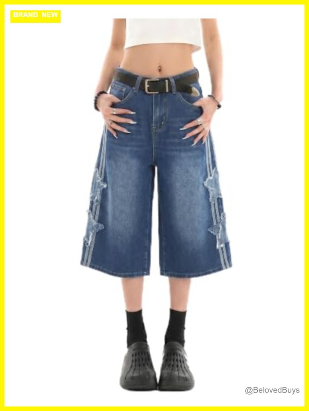 Baggy Denim Jean Shorts Capri Star Patchwork Elastic Waist Cropped Jorts